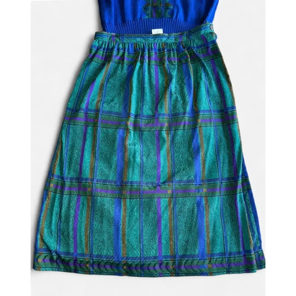 Leslie Fay Women's Sweater & Skirt 12P Vintage Blue Green Knit & Plaid
